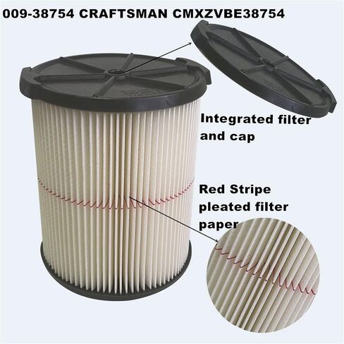 فلتر مكنسة كهربائية خرطوشة 38754 يناسب الحرفيين - 009-38754 CRAFTSMAN CMXZVBE38754 شريط أحمر للأغراض العامة رطب/جاف لمكانس متجر 5 إلى 20 جالون - 38754 (أبيض) (عبوة واحدة) in Kuwait