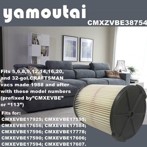 فلتر مكنسة كهربائية خرطوشة 38754 يناسب الحرفيين - 009-38754 CRAFTSMAN CMXZVBE38754 شريط أحمر للأغراض العامة رطب/جاف لمكانس متجر 5 إلى 20 جالون - 38754 (أبيض) (عبوة واحدة) in Kuwait