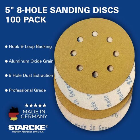 5" 8-Hole Sanding Discs 100 Pack 180 Grit – Aluminum Oxide Hook & Loop Orbital Sander Pads, Professional Grade, Dust Extraction, Made in Germany in Kuwait
