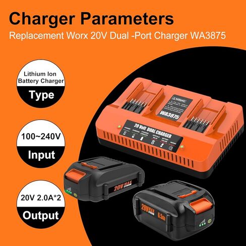 WA3875 Replace 20V Worx Battery Charger WA3770 Li-ion Dual Port Charger Compatible with Worx 20V Battery WA3525 WA3575 WA3578 WA3520 WA3544 WA3669 WA3674 in Kuwait