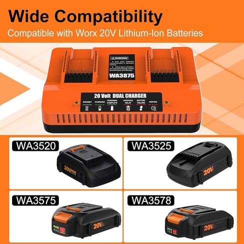 WA3875 Replace 20V Worx Battery Charger WA3770 Li-ion Dual Port Charger Compatible with Worx 20V Battery WA3525 WA3575 WA3578 WA3520 WA3544 WA3669 WA3674 in Kuwait