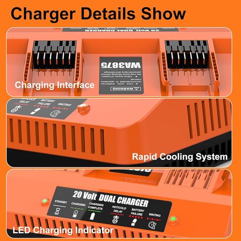WA3875 Replace 20V Worx Battery Charger WA3770 Li-ion Dual Port Charger Compatible with Worx 20V Battery WA3525 WA3575 WA3578 WA3520 WA3544 WA3669 WA3674 in Kuwait