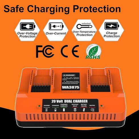 WA3875 Replace 20V Worx Battery Charger WA3770 Li-ion Dual Port Charger Compatible with Worx 20V Battery WA3525 WA3575 WA3578 WA3520 WA3544 WA3669 WA3674 in Kuwait