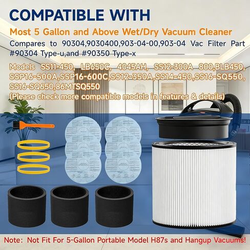 90304 Replacement Filter, 90107 dry filter, 90585 Foam Sleeve Compatible with shopvac filter 90304 90350 90333 90585, Fits Most 5 Gallon and Above Wet Dry Vacuum Cleaner (1+1+3+3+6+1) in Kuwait
