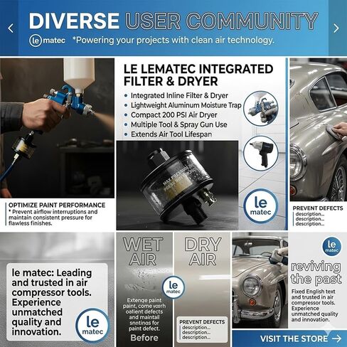 فلتر هواء مدمج 1/4 بوصة من LE LEMATEC وفاصل مياه - مجفف هواء مدمج 200 رطل لكل بوصة مربعة لبنادق الرش HVLP، ومفاتيح الصدمات وأدوات الهواء - مصيدة رطوبة من الألومنيوم خفيفة الوزن (AI-304) in Kuwait