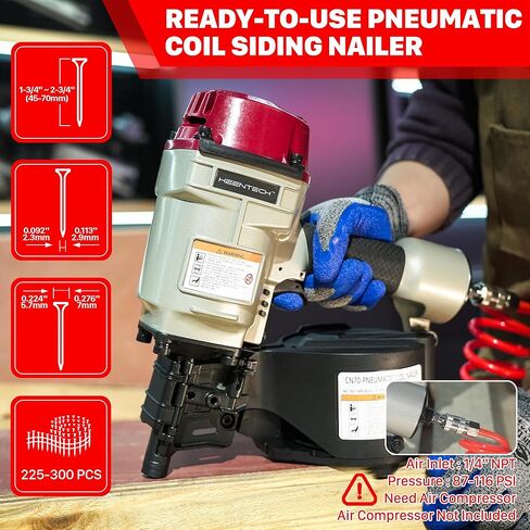 KEENTECH Pneumatic Siding Nail Gun for 1-3/4" to 2-3/4" 15-Degree Nails, Coil Siding Nailer with Bump Firing for Fast Nailing Speed, Coil Nail Gun for Pallet, Siding, Crating, Decking, Framing, CN70 in Kuwait