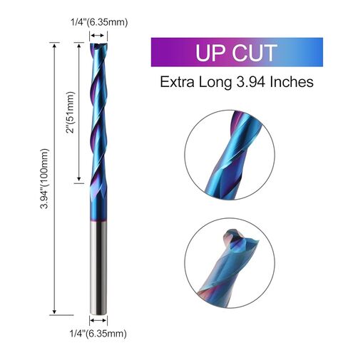 2 Pack Extra Long CNC Spiral Router Bits Up Cut 1/4 inch Shank, 2 inch Cutting Length Long Router Bits, 1/4 Carbide End Mill with Nano Blue Coated Spiral CNC Router Bit for Wood Carving in Kuwait
