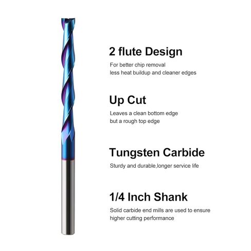 2 Pack Extra Long CNC Spiral Router Bits Up Cut 1/4 inch Shank, 2 inch Cutting Length Long Router Bits, 1/4 Carbide End Mill with Nano Blue Coated Spiral CNC Router Bit for Wood Carving in Kuwait