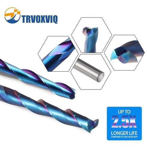2 Pack Extra Long CNC Spiral Router Bits Up Cut 1/4 inch Shank, 2 inch Cutting Length Long Router Bits, 1/4 Carbide End Mill with Nano Blue Coated Spiral CNC Router Bit for Wood Carving in Kuwait