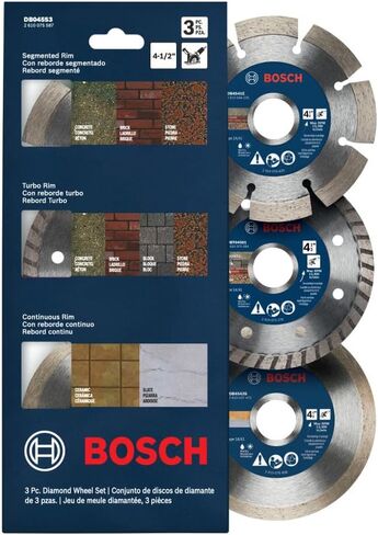 BOSCH DB045S3 4.5 in. 3-Pc. Diamond Blade Set (Includes: Segmented, Turbo, Continuous Diamond Blades, and Reducing Rings) in Kuwait