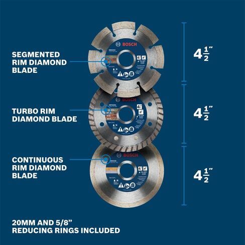 BOSCH DB045S3 4.5 in. 3-Pc. Diamond Blade Set (Includes: Segmented, Turbo, Continuous Diamond Blades, and Reducing Rings) in Kuwait