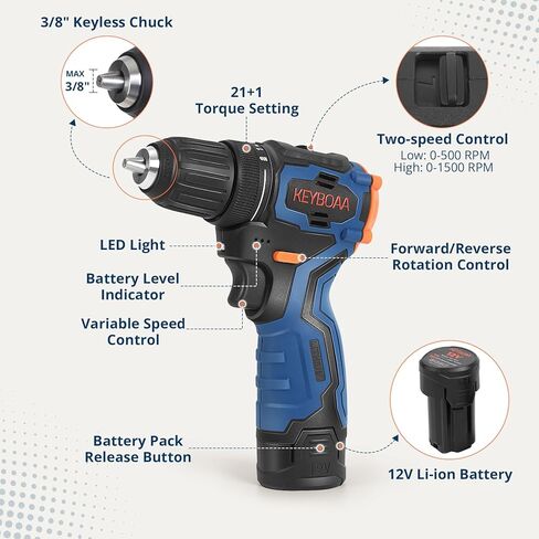 12V MAX Brushless Cordless Drill Set, Power Drill Kit with 2×1.5Ah Batteries & Fast Charger, 3/8" Keyless Chuck, 350 In-lbs Torque, 2-Speed Electric Screwdriver for Home DIY, 20pcs Accessories in Kuwait