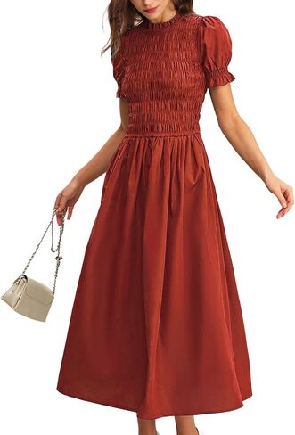 RIHOAS Women Shirred A-Line Midi Dress Summer Dresses Puff Short Sleeve Smocked Flowy Ruffle Boho Beach Sundress in Saudi Arabia