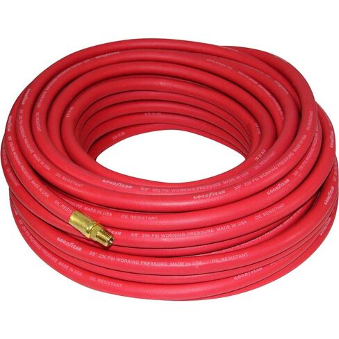 خرطوم هواء مطاطي أحمر مقاس 100 × 3/8 بوصة من Goodyear - ضغط العمل: 250 رطل لكل بوصة مربعة - ضغط الانفجار: 1070 رطل لكل بوصة مربعة - تركيبات نحاسية 100% مقاس 1/4 بوصة NPT - صنع في الولايات المتحدة الأمريكية in Kuwait