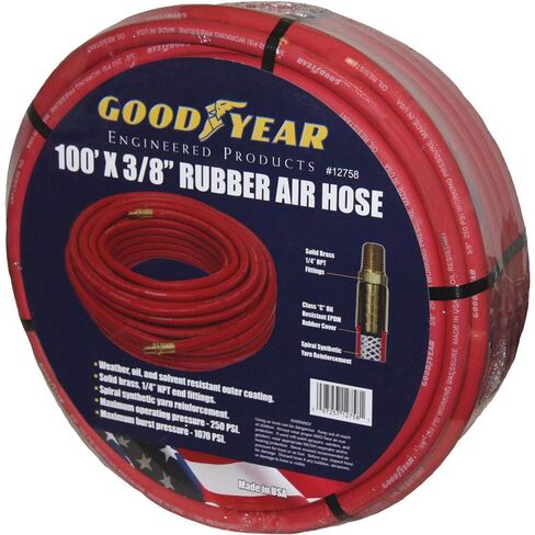 خرطوم هواء مطاطي أحمر مقاس 100 × 3/8 بوصة من Goodyear - ضغط العمل: 250 رطل لكل بوصة مربعة - ضغط الانفجار: 1070 رطل لكل بوصة مربعة - تركيبات نحاسية 100% مقاس 1/4 بوصة NPT - صنع في الولايات المتحدة الأمريكية in Kuwait