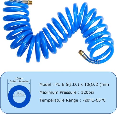 Professional Recoil Air Hose 1/4" ID x 20ft - Flexible Polyurethane Coil Hose with Rotating Swivel End, Durable Bend Restrictor for Air Compressors & Pneumatic Tools in Kuwait