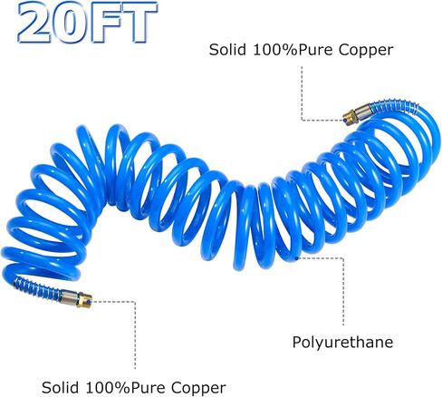 Professional Recoil Air Hose 1/4" ID x 20ft - Flexible Polyurethane Coil Hose with Rotating Swivel End, Durable Bend Restrictor for Air Compressors & Pneumatic Tools in Kuwait