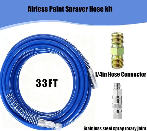 32FT x 1/4" Airless Paint Spray Hose, 4300PSI High Pressure Brass Braided, 360° Swivel Anti-Tangle, Stainless Steel Fittings, Universal for Most Airless Sprayers, Indoor Outdoor Painting Use in Kuwait