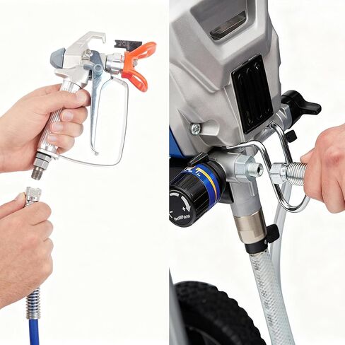 32FT x 1/4" Airless Paint Spray Hose, 4300PSI High Pressure Brass Braided, 360° Swivel Anti-Tangle, Stainless Steel Fittings, Universal for Most Airless Sprayers, Indoor Outdoor Painting Use in Kuwait