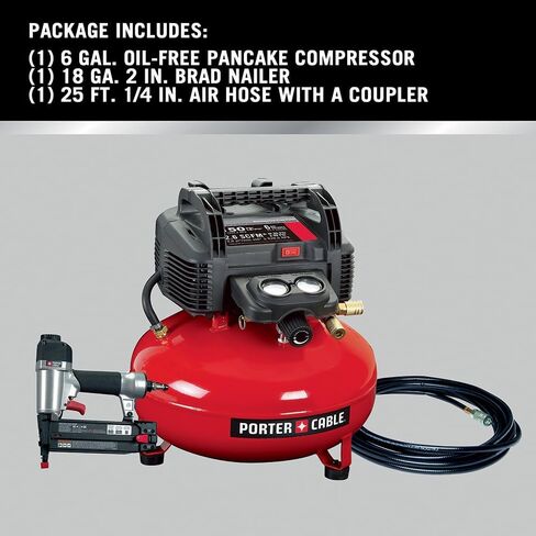 PORTER-CABLE Combination Kit Pancake Air Compressor 6 Gallon, 150 Max PSI and 2.6 CFM @ 90 PSI and Brad Nailer 18 Gauge with 100 Nail Magazine Capacity in Kuwait