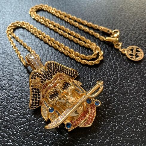ICEDIAMOND 18K Gold Plated Pirate Skull Pendant Necklace, Iced Out CZ Diamond Skeleton Captain Charm, Hip Hop Jewelry for Men in Saudi Arabia