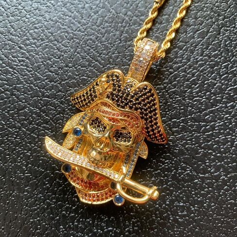 ICEDIAMOND 18K Gold Plated Pirate Skull Pendant Necklace, Iced Out CZ Diamond Skeleton Captain Charm, Hip Hop Jewelry for Men in Saudi Arabia