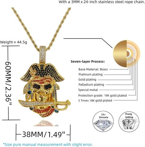 ICEDIAMOND 18K Gold Plated Pirate Skull Pendant Necklace, Iced Out CZ Diamond Skeleton Captain Charm, Hip Hop Jewelry for Men in Saudi Arabia