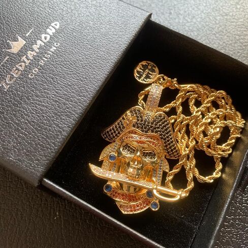 ICEDIAMOND 18K Gold Plated Pirate Skull Pendant Necklace, Iced Out CZ Diamond Skeleton Captain Charm, Hip Hop Jewelry for Men in Saudi Arabia