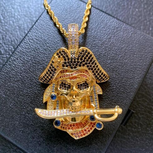 ICEDIAMOND 18K Gold Plated Pirate Skull Pendant Necklace, Iced Out CZ Diamond Skeleton Captain Charm, Hip Hop Jewelry for Men in Saudi Arabia