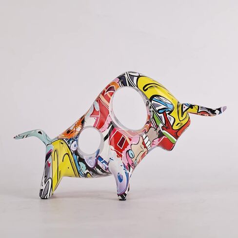 QIANLING Resin Graffiti Bull Statue, Minimalistic Full-Color Bull Figurine Decor, Originality Abstract Bull Sculpture Home Decor, Suitable for Interior Decor, Bookshelf, Table top, Centerpiece in Saudi Arabia