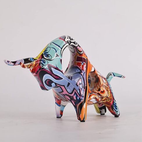 QIANLING Resin Graffiti Bull Statue, Minimalistic Full-Color Bull Figurine Decor, Originality Abstract Bull Sculpture Home Decor, Suitable for Interior Decor, Bookshelf, Table top, Centerpiece in Saudi Arabia