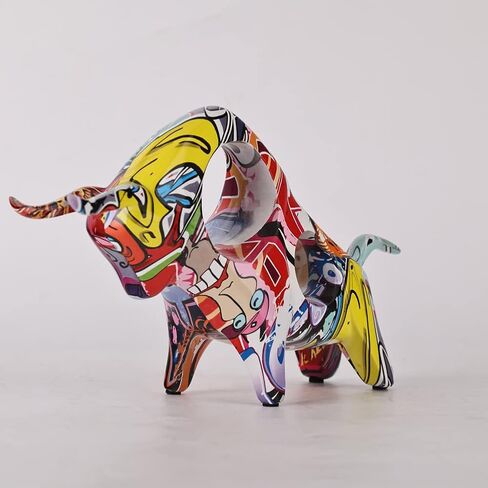 QIANLING Resin Graffiti Bull Statue, Minimalistic Full-Color Bull Figurine Decor, Originality Abstract Bull Sculpture Home Decor, Suitable for Interior Decor, Bookshelf, Table top, Centerpiece in Saudi Arabia