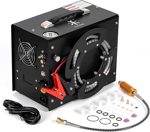 ضاغط هواء TUXING PCP، تصميم بكرة ملفوفة محمولة، ضاغط PCP Airgun مع محول طاقة مدمج، إيقاف تلقائي | تيار مستمر 12 فولت/ تيار متردد 120 فولت | مضخة ضاغط خالية من الزيت والماء in Kuwait