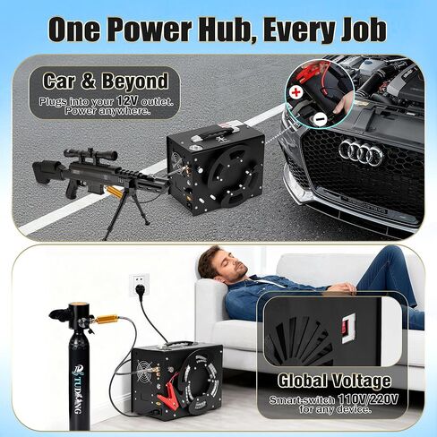 ضاغط هواء TUXING PCP، تصميم بكرة ملفوفة محمولة، ضاغط PCP Airgun مع محول طاقة مدمج، إيقاف تلقائي | تيار مستمر 12 فولت/ تيار متردد 120 فولت | مضخة ضاغط خالية من الزيت والماء in Kuwait