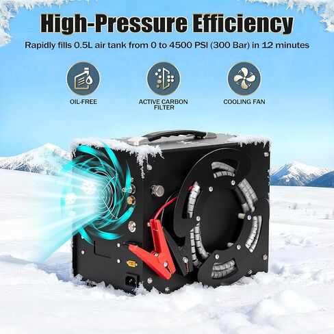 ضاغط هواء TUXING PCP، تصميم بكرة ملفوفة محمولة، ضاغط PCP Airgun مع محول طاقة مدمج، إيقاف تلقائي | تيار مستمر 12 فولت/ تيار متردد 120 فولت | مضخة ضاغط خالية من الزيت والماء in Kuwait