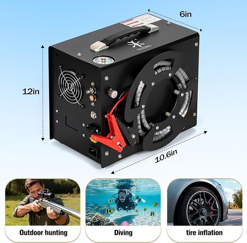 ضاغط هواء TUXING PCP، تصميم بكرة ملفوفة محمولة، ضاغط PCP Airgun مع محول طاقة مدمج، إيقاف تلقائي | تيار مستمر 12 فولت/ تيار متردد 120 فولت | مضخة ضاغط خالية من الزيت والماء in Kuwait