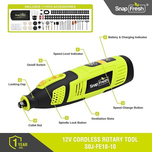 مجموعة أدوات دوارة لاسلكية SnapFresh 12V، أداة دوارة صغيرة 28 سرعة 32000 دورة في الدقيقة مع شاشة رقمية، 111 ملحقًا، بطارية 2.5 أمبير في الساعة شحن USB-C، أداة تعمل بالبطارية خفيفة الوزن للأعمال اليدوية وأظافر الحيوانات الأليفة in Kuwait