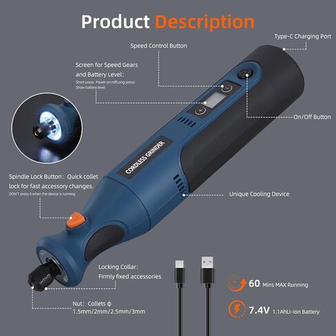 Cordless Rotary Tool Kit: 12-Speed 25000RPM Mini Rotary Tool with 179 Accessories, 7.4V Rechargeable Engraving Tool for 3D Printed Finishing, Sanding, Cutting, Drilling, Polishing, DIY Crafts in Kuwait