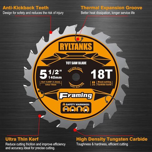 5-1/2 Inch Circular Saw Blade,10mm Arbor,18T for Framing, Ultra Thin Kerf,Fast Wood Cutting,10-Pack in Kuwait