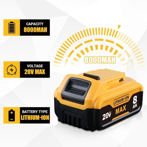 DCB200 8.0Ah 2Pack Replacement for DeWalt 20V Max Battery with LED Indicator, Compatible with DeWalt 20V Cordless Power Tools and Charger in Kuwait
