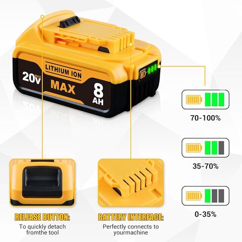 DCB200 8.0Ah 2Pack Replacement for DeWalt 20V Max Battery with LED Indicator, Compatible with DeWalt 20V Cordless Power Tools and Charger in Kuwait