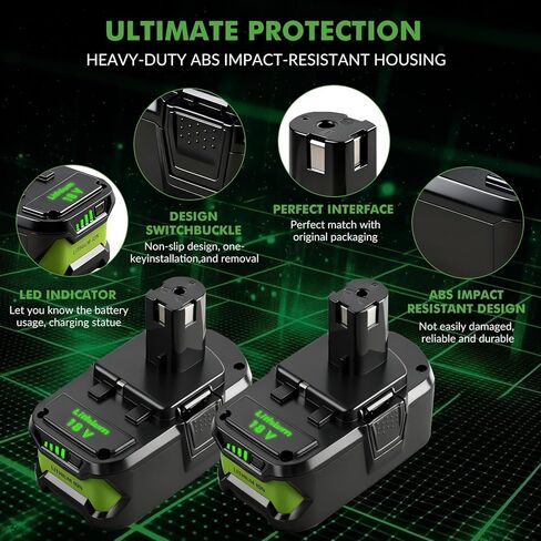 SANIU 8.0-Ah Replacement for Ryobi 18V Battery P108 Lithium ion ONE + 18-Volt Batteries P104 P105 P102 P103 P122,2Pack in Kuwait