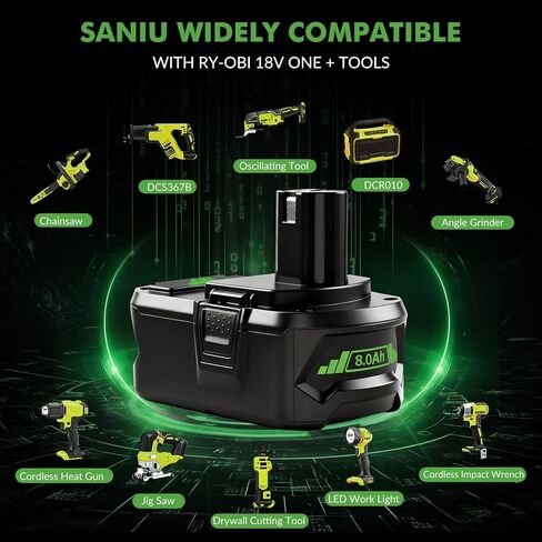 SANIU 8.0-Ah Replacement for Ryobi 18V Battery P108 Lithium ion ONE + 18-Volt Batteries P104 P105 P102 P103 P122,2Pack in Kuwait