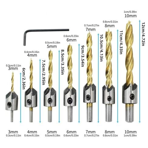 Countersunk Drill 90 Degree Pilot Screw Holes Chamfer Cutter Bit, 7Pcs Countersink Tool Drill Bit Set, 3/4/5/6/7/8/10mm in Kuwait