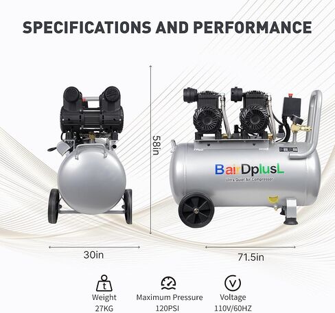 BairDplusL ضاغط هواء فائق الهدوء سعة 14.5 جالون 110 فولت/60 هرتز 1.5 حصان 8.8CFM MAX 115PSI خزانات فولاذية خالية من الزيت 70 ديسيبل مستوى ضوضاء خفيف وضاغط هواء محمول هادئ مع عجلات لإصلاح السيارات in Kuwait