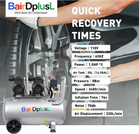 BairDplusL ضاغط هواء فائق الهدوء سعة 14.5 جالون 110 فولت/60 هرتز 1.5 حصان 8.8CFM MAX 115PSI خزانات فولاذية خالية من الزيت 70 ديسيبل مستوى ضوضاء خفيف وضاغط هواء محمول هادئ مع عجلات لإصلاح السيارات in Kuwait