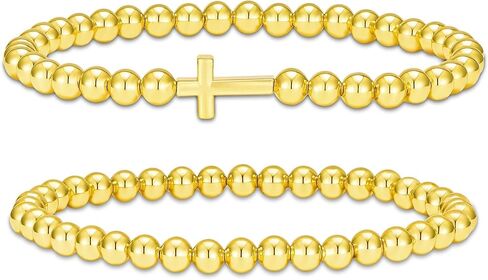 2Pcs Gold Silver Beaded Bracelets for Women Stretch Cross Bow Bead Bracelet Set Stackable Jewelry Gifts in Saudi Arabia