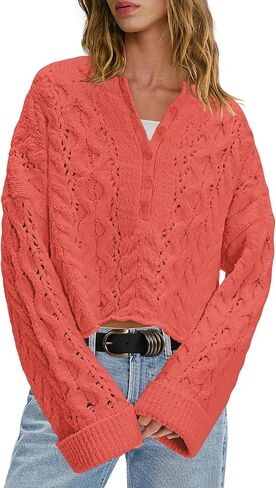 LAMISSCHE Cable Knit Sweater Women Cropped Sweaters Oversized Fall Sweaters Long Sleeve Half Button Down Pullover in Saudi Arabia