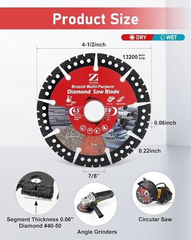 ZORUNNA 4-1/2" Diamond Multi Purpose Saw Blade, 2 Pack Indestructible Disc for Grinder (7/8" Arbor), All-in-One Wheel for Tile, Granite, Concrete, PVC & Thin Metal. in Saudi Arabia