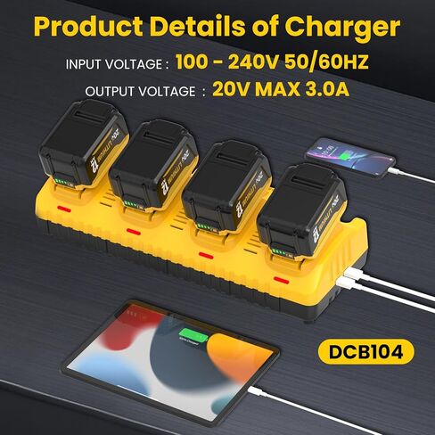 4Packs 12000mAh High Capacity Replacement for Dewalt 20V Max Battery 12.0Ah and 4-Port Charger Compatible with Dewalt 20 Volt Lithium Ion Battery DCB200 DCB201 DCB203 DCB206 Series Power Tool(Yellow) in Kuwait